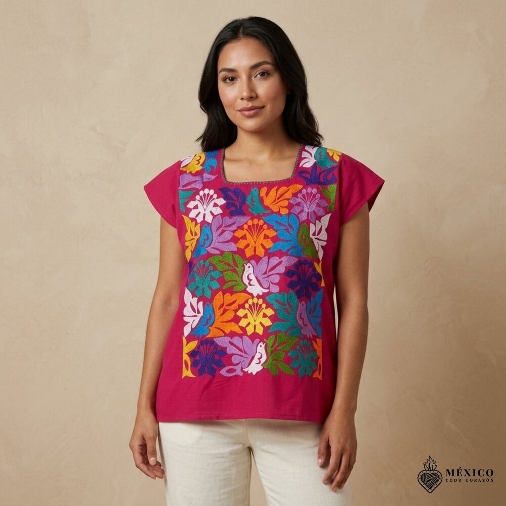 Traditional Mexican Huipil Blouse – Handmade Embroidered Manta Top  24X27 IN